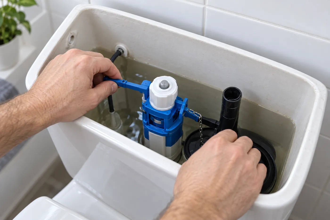 Réglage du flotteur et du mécanisme de chasse dans un réservoir de WC ouvert